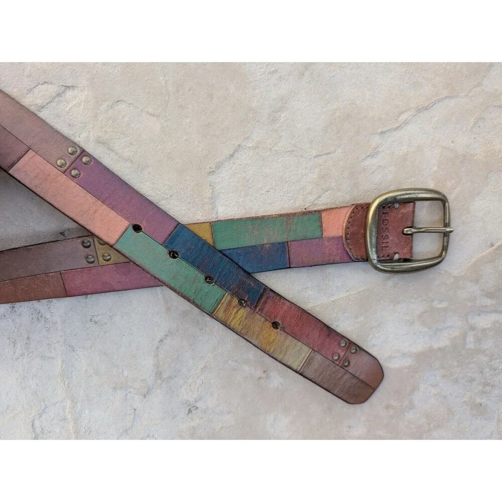 Fossil Belt Leather Patchwork Brass Rivets and Buckle Small 37 inches
